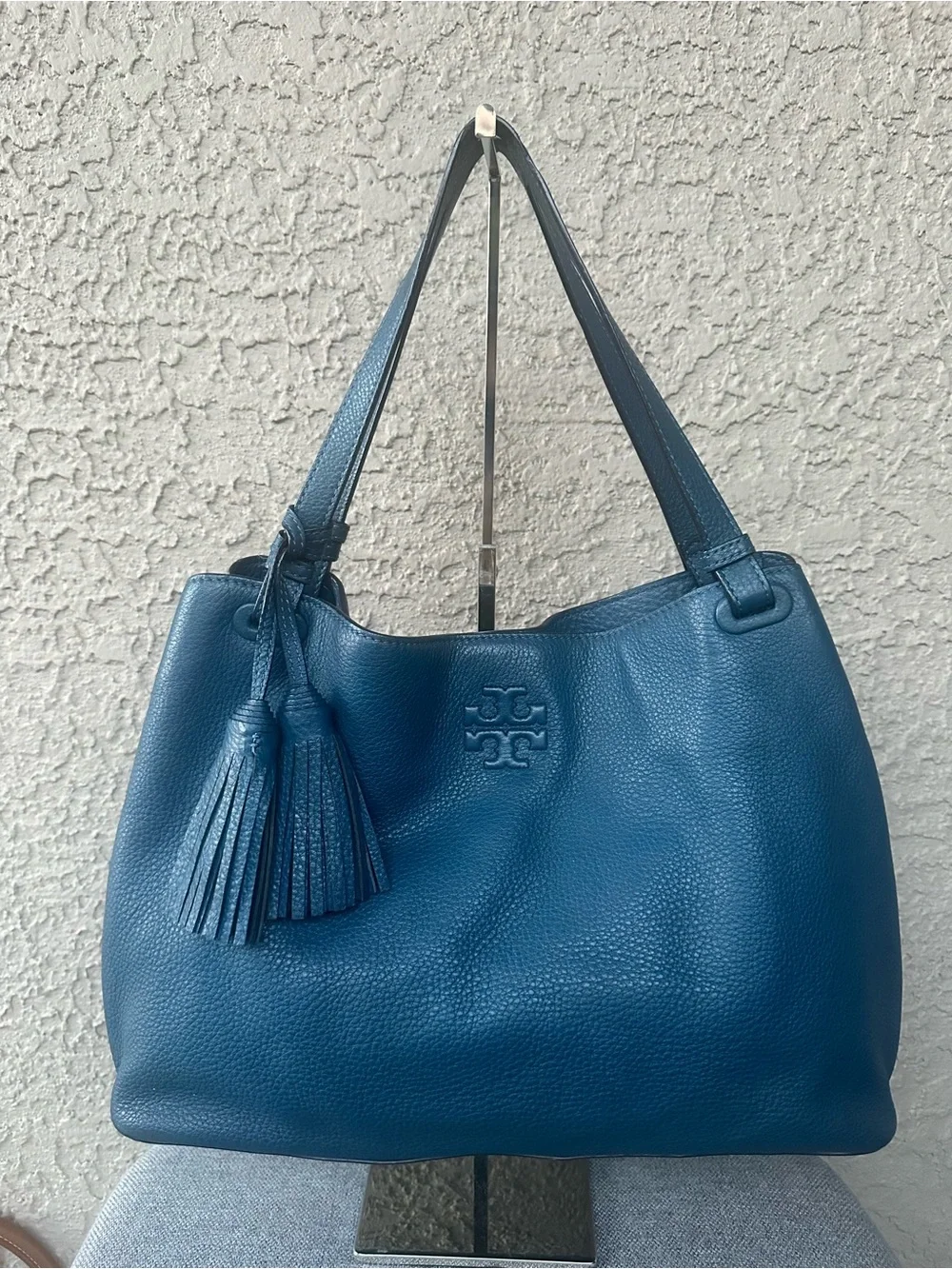 TORY BURCH Teal Leather Tassel Shoulder Bag